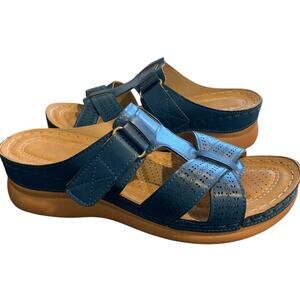 Shibever Leather Sandals Women's Size 37 Strappy Sea Blue Fisherman Cushioned